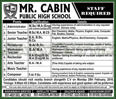 Administrator Senior Teacher and Teachers Staff JObs in Mr Cabin Public High School