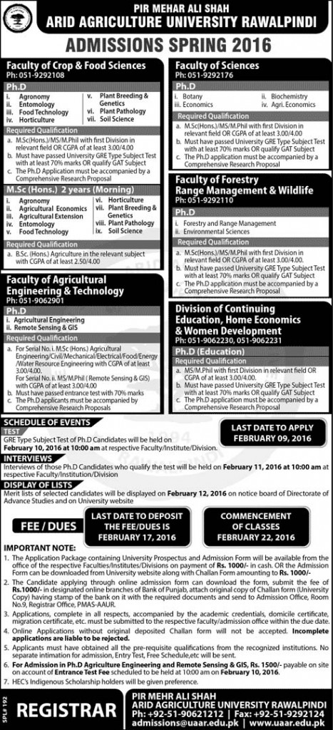 Admissions in Arid Agriculture University Rawalpindi