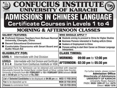 Admissions in Chinese Language in Confucius Institute University of Karachi