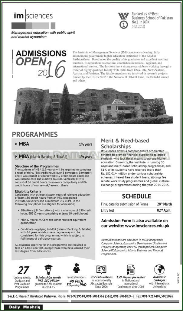 Admissions in IMSciences Institute of Management Sciences