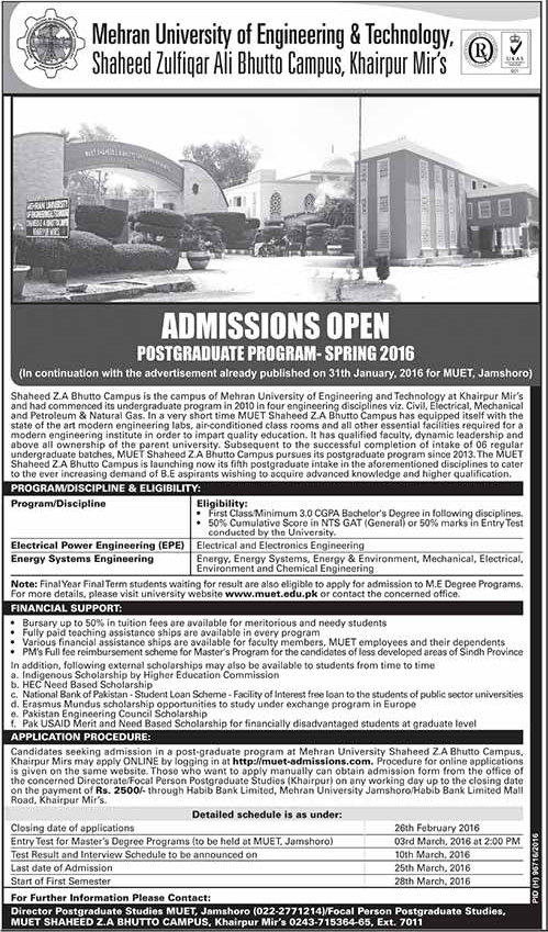 Admissions in Mehran University of Engineering & Technology