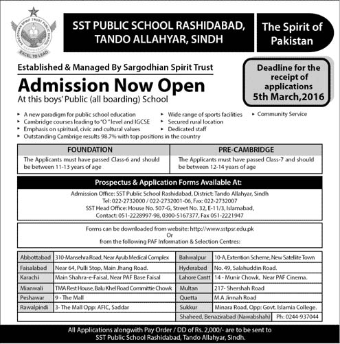 Admissions in SST Public School Rashidabad Tando Allahyar Sindh