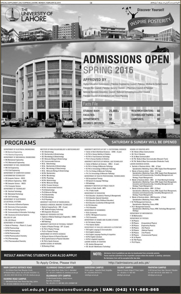 Admissions in The University Of Lahore