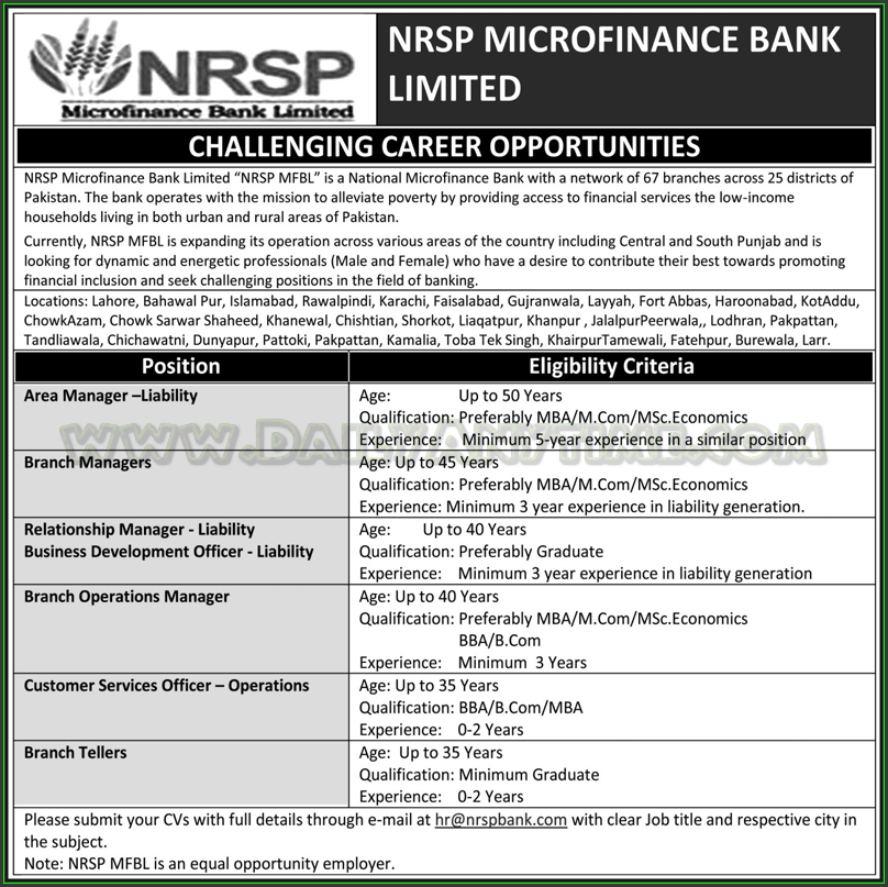 Area Manager, Branch Manager and Branch Tellers Jobs in NRSP Microfinance Bank Limited