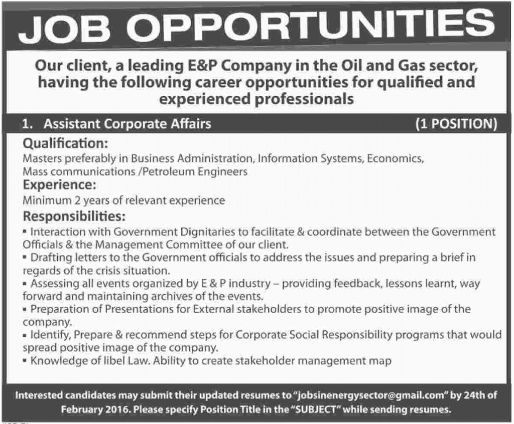 Assistant Corporate Affairs Jobs in E&P Company Oil and Gas Sector