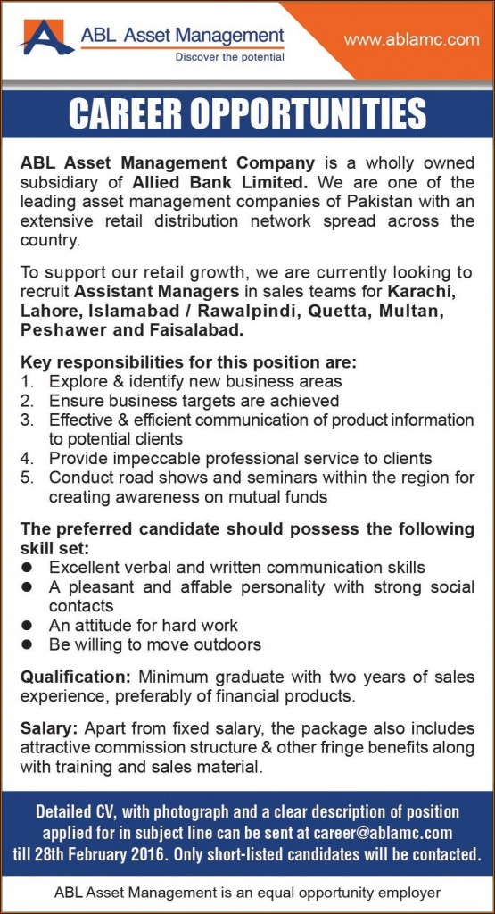 Assistant Manager Jobs in ABL Assest Management