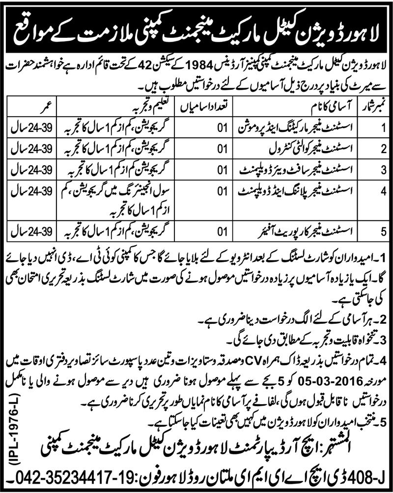 Assistant Manager Marketing and Pormotion, Assistant Manager Quality Control, and Assistant Jobs in Lahore Division Catel Market Management Company