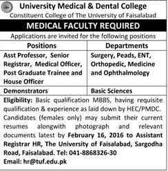 Asst Professor Senior Registrar Medical Officer Trainee and House Officer Jobs in University Medical & Dental College