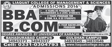 BBA BCom Admissions in Liaquat College of Management & Sciences
