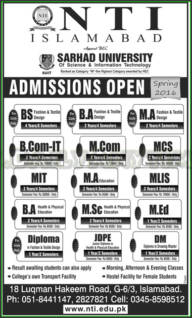 BS BA MA BCom MCom Admissions in NTI Sarhad University
