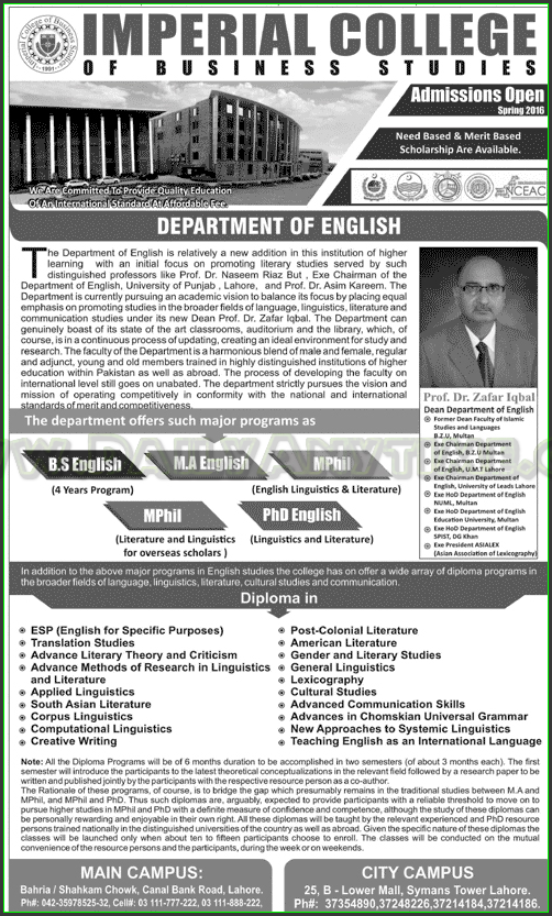 BS English, MA English, MPhil and PhD English Admissions in Imperial College of Business Studies
