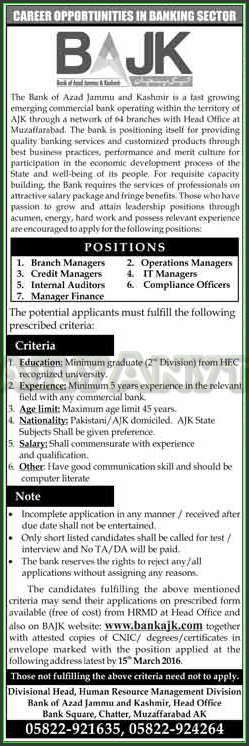 Branch Manager, Credit Managers, Internal Auditors and Manager Finance Jobs in BAJK Bank of Azad Jammu and Kashmir