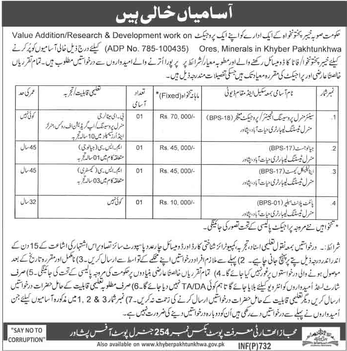 Central Mineral Processing Engineer, Geologist, Technical Chemist, Pilot Plant Helper Jobs in KPK