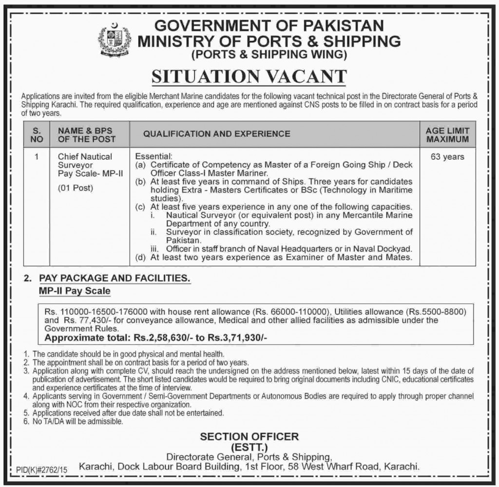 Chief Nautical Surveyor Jobs in Government of Pakistan ministry of Ports & Shipping