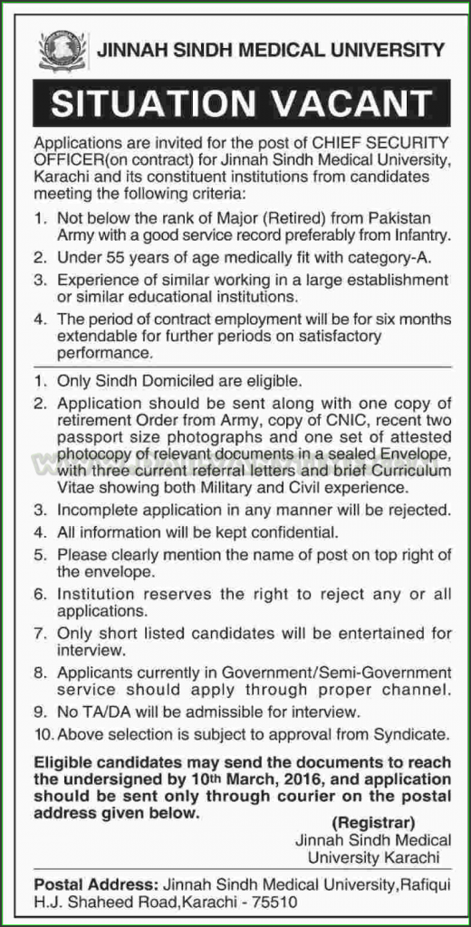 Chief Security Officer Jobs in Jinnah Sindh Medical University