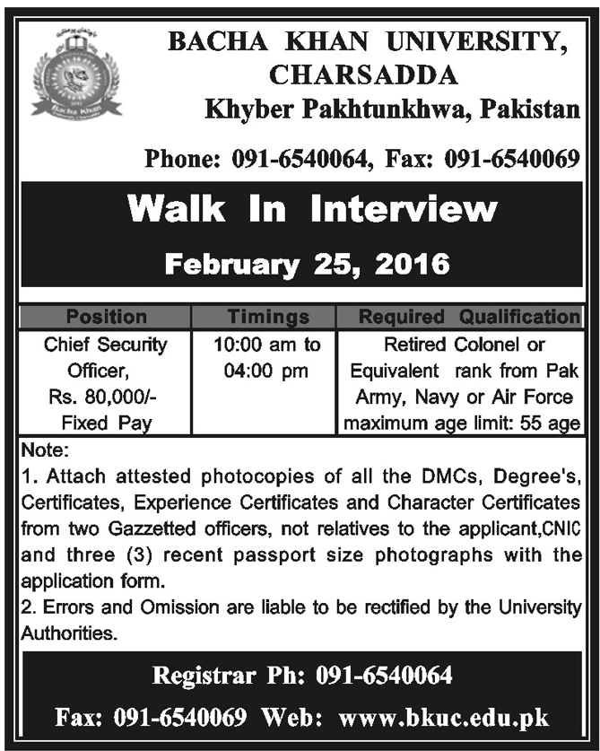 Chief Securyity Officer Jobs in Bacha Khan university Charsadda