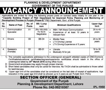 Communication Specialist, Driver and Sweeper Jobs in Planning and Development Department Govt of Punjab