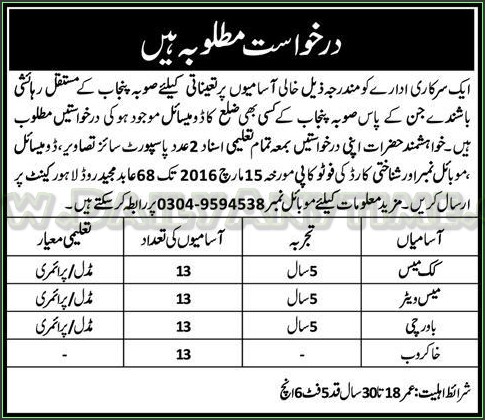 Cook, Waiter, Bawarchi Jobs in Govt. Of Punjab