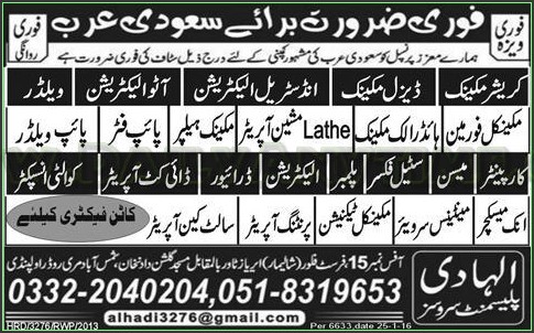Crasher Mechanic, Diesel Mechanic, Industrial Electrician, Welder, Steel Fixer, Driver and Other Jobs in Saudi Arabia
