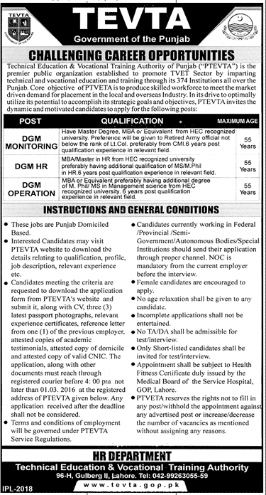 DGM Monitoring DGM HR, DGM Operation Job sin TEVTA Government of The Punjab