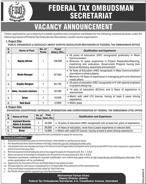 Deputy Adviser, Media Manager, Graphic Designer, and Driver Jobs in Federal Tax Ombudsman Secretariat