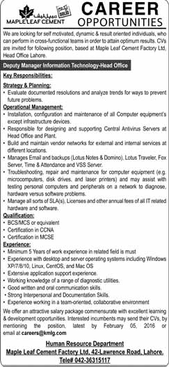 Deputy Manager Jobs in Mapeleaf Cement