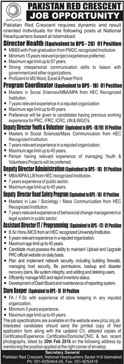 Director Health Prgram Coordinator Deputy Director Youth and Assistant IT Store Keeper Jobs in Pakistan Red Crescent