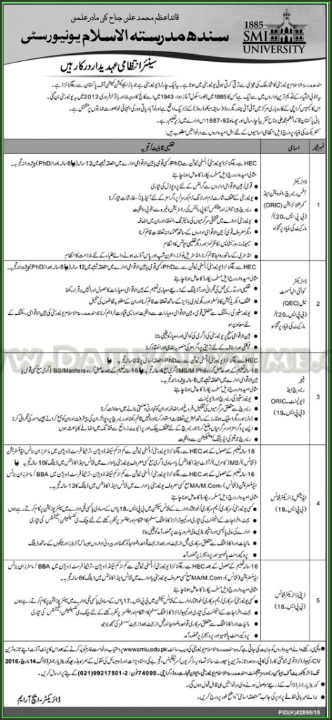 Director Office Research, Director QEC,Manager Research and Development, Additional Director Finance and Deputy Director Finance Jobs in SMI University