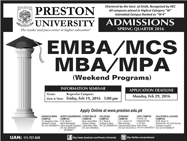 EMBA MCS MBA MPA Admission sin Preston University
