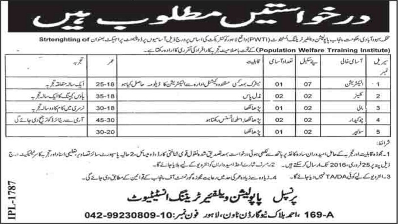 Electrician Cleaners Gardner Chowkidar, and Sweeper Jobs in Population Walefare Training Institute PWTI Government of Punjab