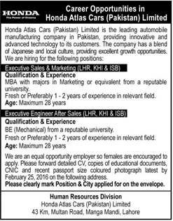 Executive Sales & Marketing and Executive Engineer After Sales Jobs in Honda Atlas Cars Pakistan