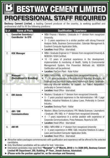 Executive Secretary Coordinator to CFO, HSE Manager, Manager, DM Admin, AM DM Communications and AM HR Jobs in Bestway Cement Limited