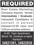 Female Jobs in Real Estate Marketing Company Karachi