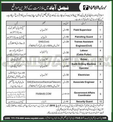 Field Supervisor, Patrolling Guard, Trainee Assistant Engineer, Labour, Driver and Security Guard Jobs in Nayatel