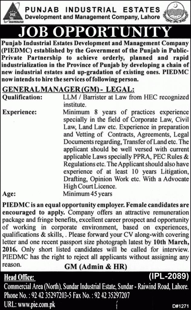 General Manager (GM) Legal Jobs in Punjab Industrial Estate