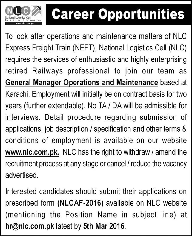 General Manager Operation and Maintenance Jobs in NLC National Logistics Cell