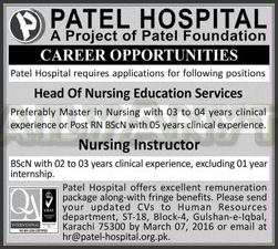 Head of Nursing Education Services and Nursing Instructor Jobs in Patel hospital