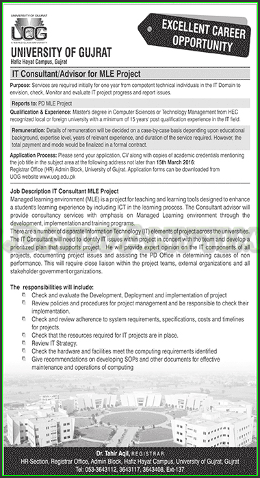 IT Consultant Advisor for MLE Project Jobs in University of Gujrat