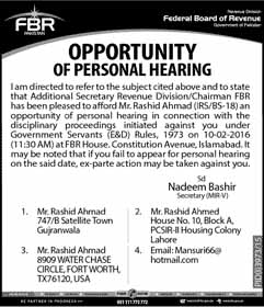 Jobs in FBR of Personal Hearing