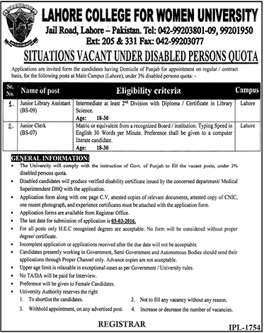 Junior Library Assistant, Junior Clerk Jobs in Lahore College for Women University