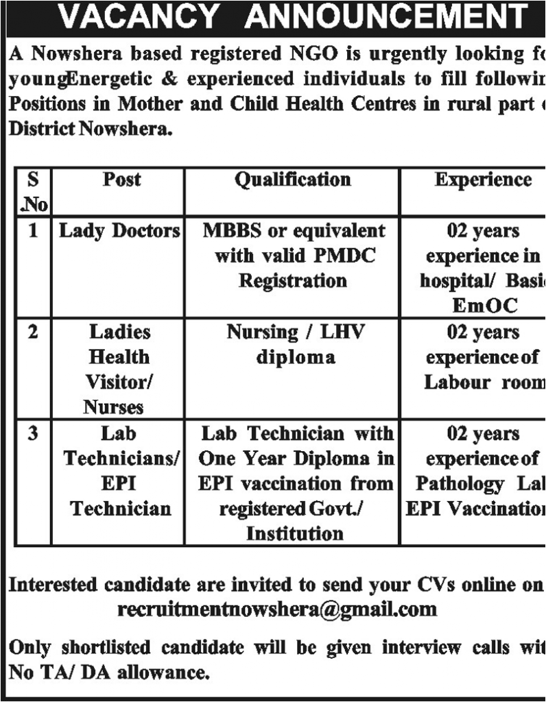 Lady Doctor, Ladies Health Visitor Nurse, Lab Technician EPI Technician Jobs in NGO Nowshera