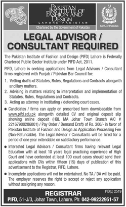 Legal Advisor Consultant Job sin Pakistan Institute of Fashion Design PIFD