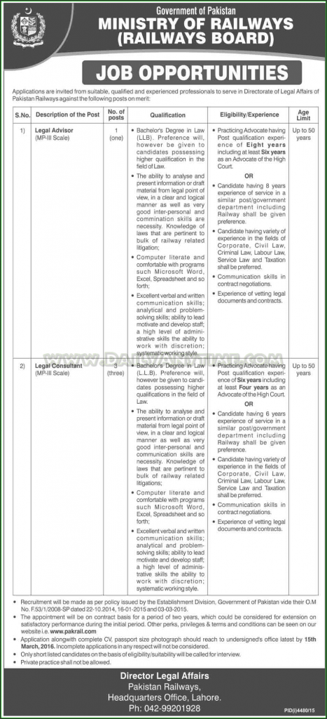 Legal Advisor and Legal Consultant Jobs in Legal Advisor and Legal Consultant Jobs in Government of Pakistan Ministry of Railways