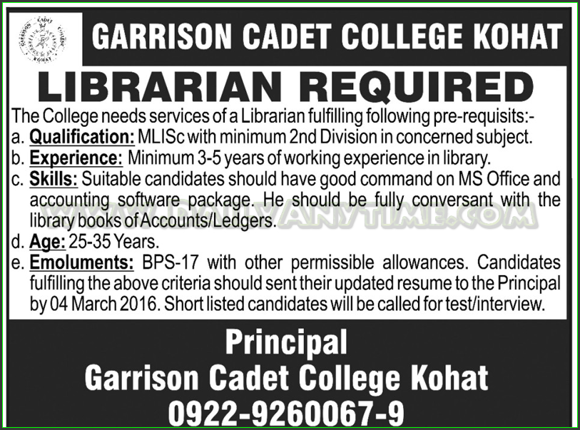 Librarian Jobs in Garrison Cadet College Kohat