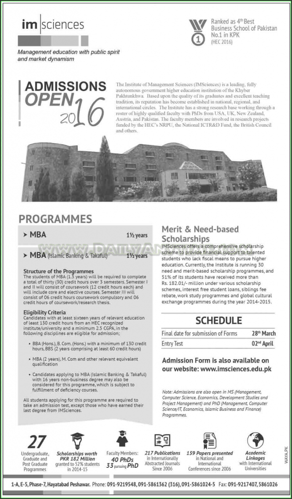 MBA Admissions in IMSciences Institute of Management of Sciences