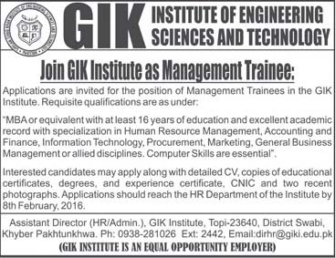 Management Trainees Jobs in GIK Institute of Engineering Sciences and Technology
