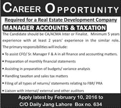 Manager Accounts & Taxation Jobs in Real Estate Development Company