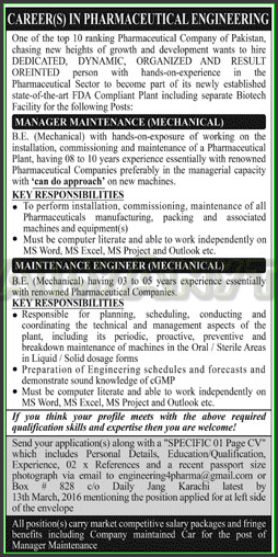 Manager Maintenance and Maintenance Engineer Jobs in Top 10 Ranking Pharmaceutial Company