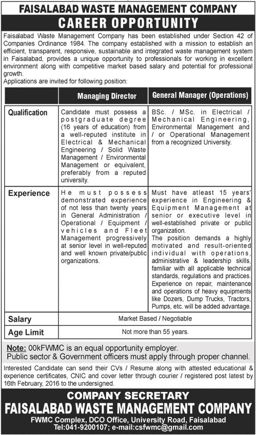 Managing Director General Manager Jobs in Waste Management Company Faisalabad
