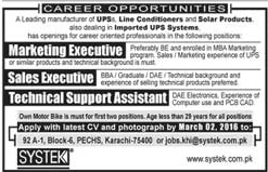 Marketing Executive, Sales Executive, Technical Support Assistant Job sin Systek Pakistan